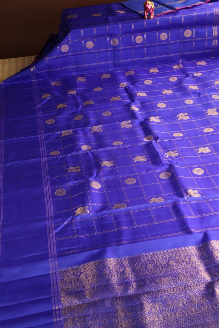 Cobalt Blue Kanchipuram Silk Sarees with Gold Zari Peacock And Rudhractam view 2