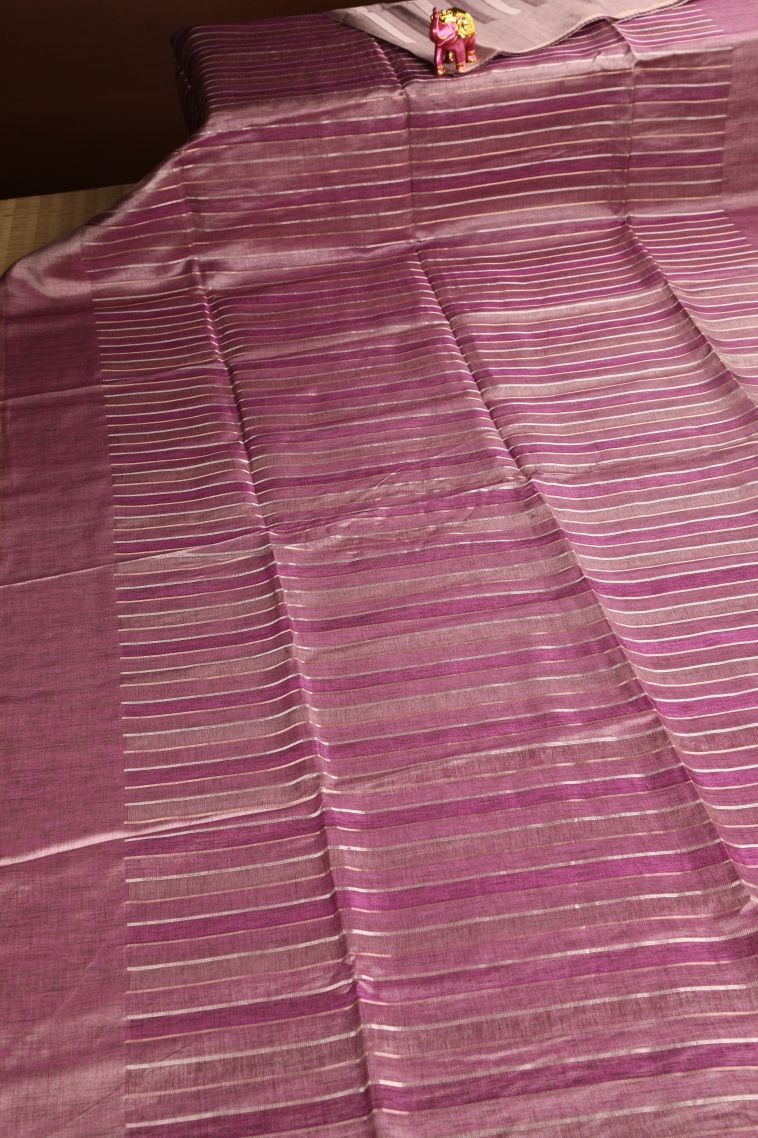 Lemonade Pink Semi Tussar Silk Gold And Silver Zari with Zari Stripes view 2