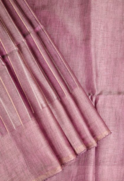Lemonade Pink Semi Tussar Silk Gold And Silver Zari with Zari Stripes
