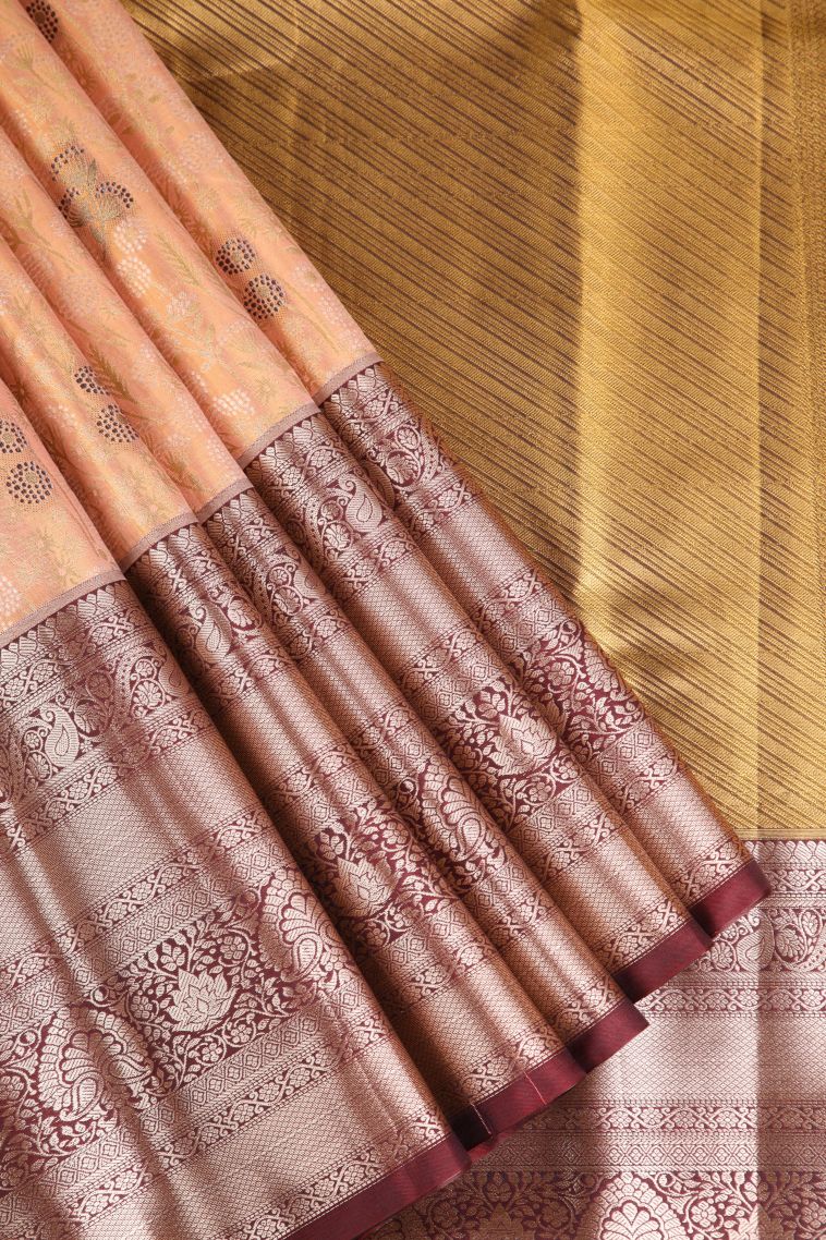 Salmon Pink Apoorva Silk Sarees with Gold And Silver Zari Floral Puttas view 1