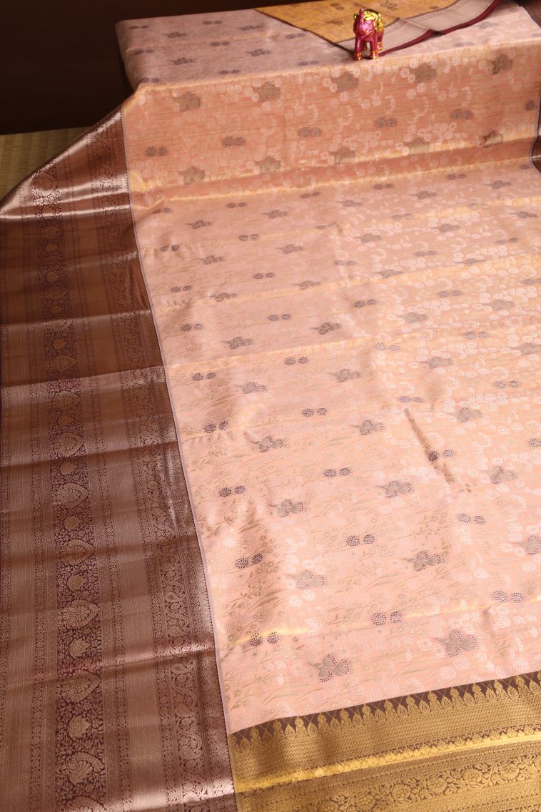 Salmon Pink Apoorva Silk Sarees with Gold And Silver Zari Floral Puttas view 2