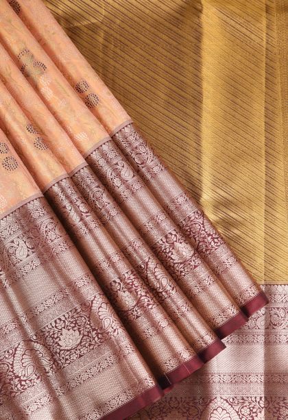 Salmon Pink Apoorva Silk Sarees with Gold And Silver Zari Floral Puttas