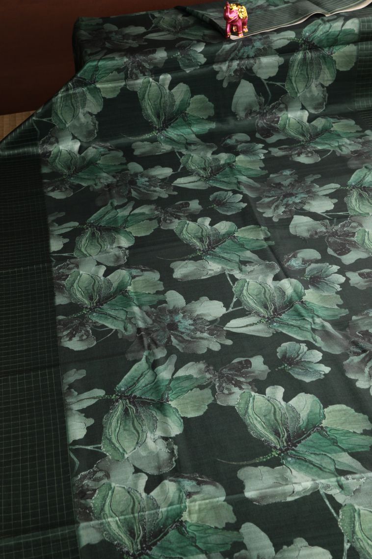 Pine Green Jute Sarees with Without Zari Zari Floral Patterns view 2