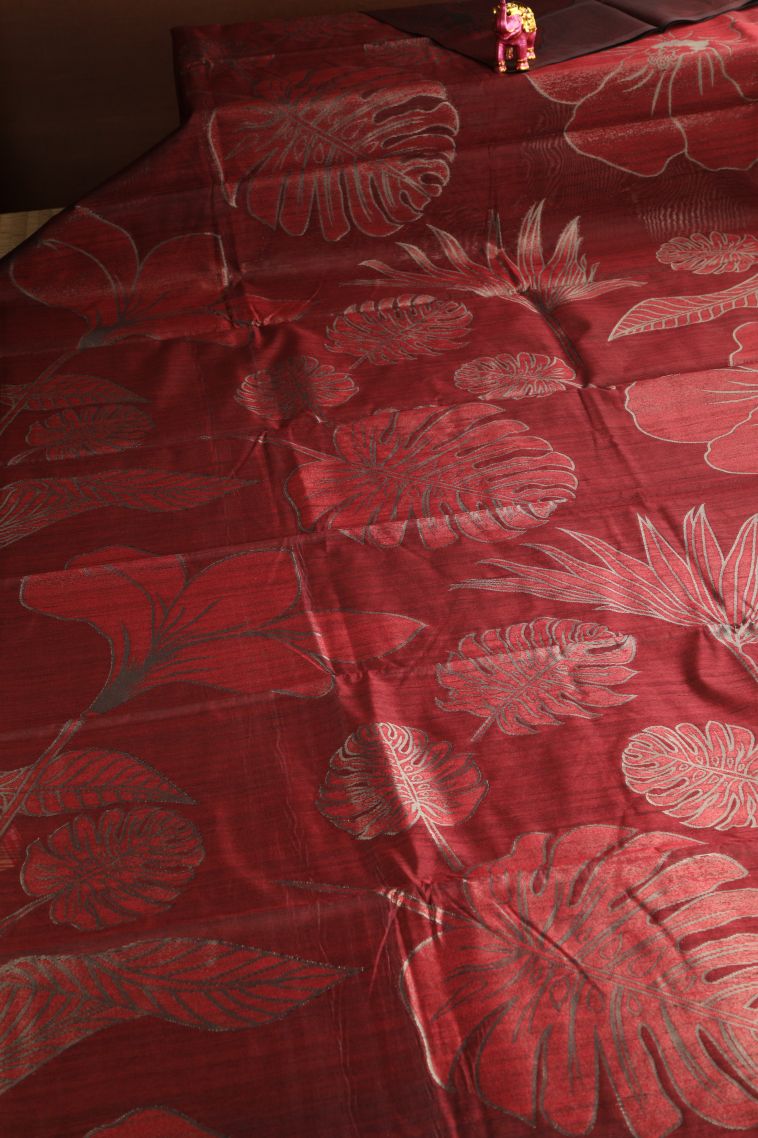 Cherry  Red Jute Sarees with Silver Zari Floral Patterns view 2
