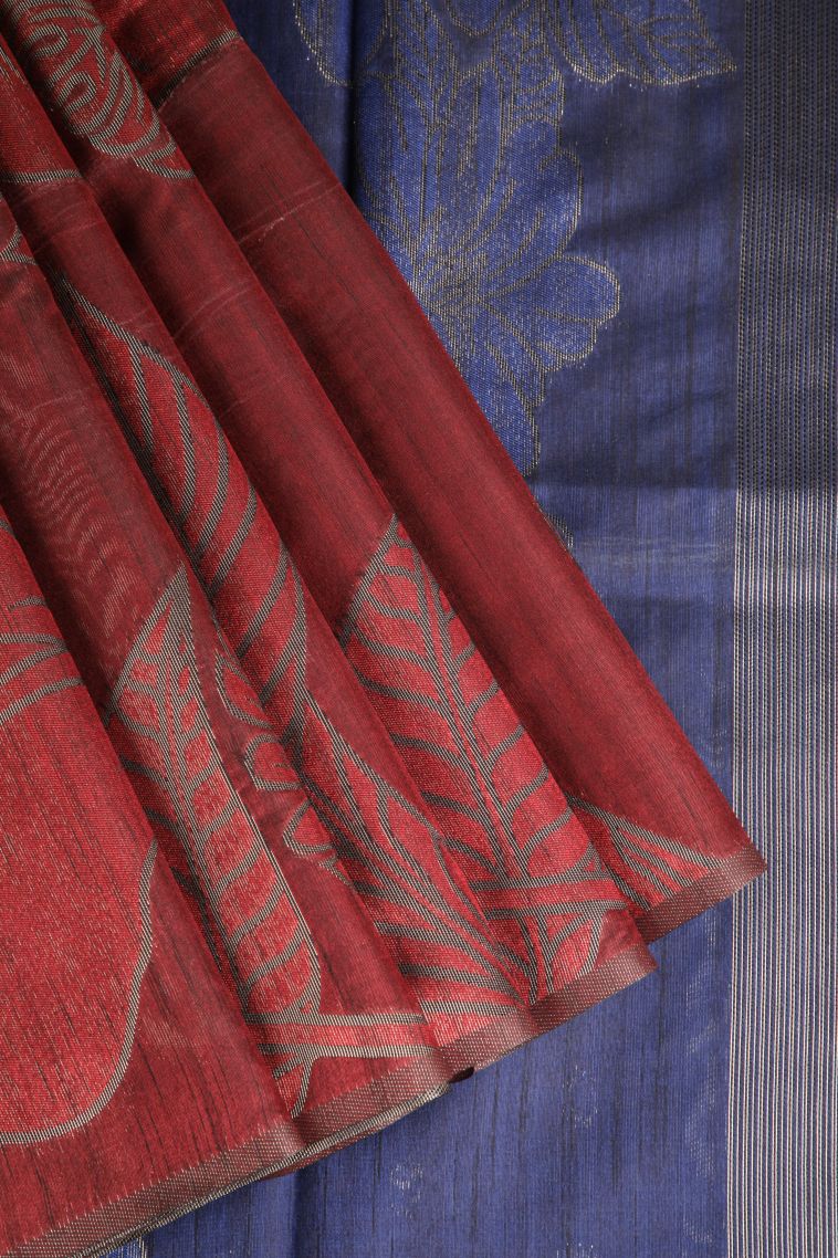 Cherry  Red Jute Sarees with Silver Zari Floral Patterns