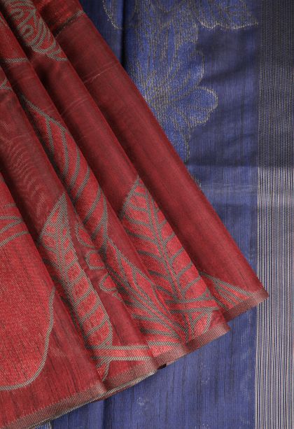 Cherry Red Jute Sarees with Silver Zari Floral Patterns