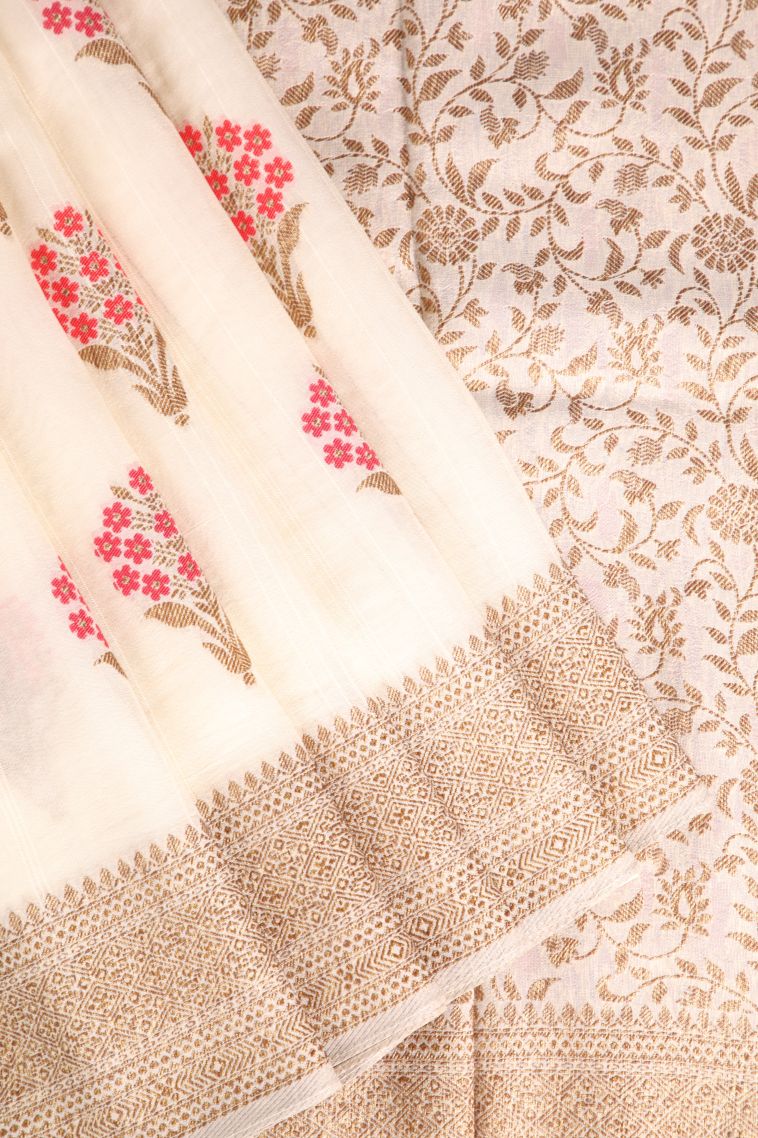 Ivory White Banaras Sarees with Copper Zari Floral Patterns view 1