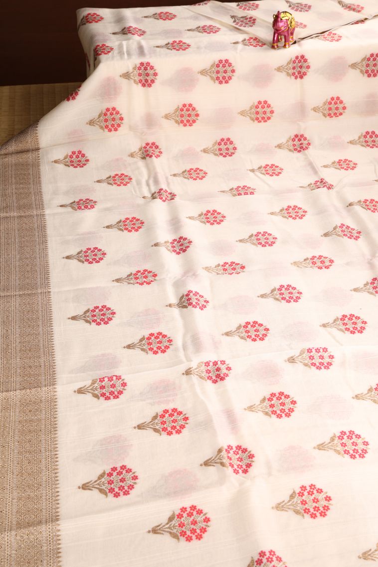 Ivory White Banaras Sarees with Copper Zari Floral Patterns view 2