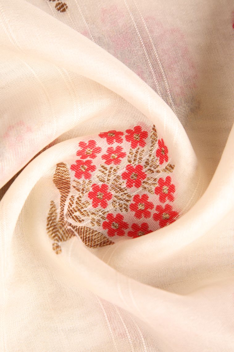 Ivory White Banaras Sarees with Copper Zari Floral Patterns view 4