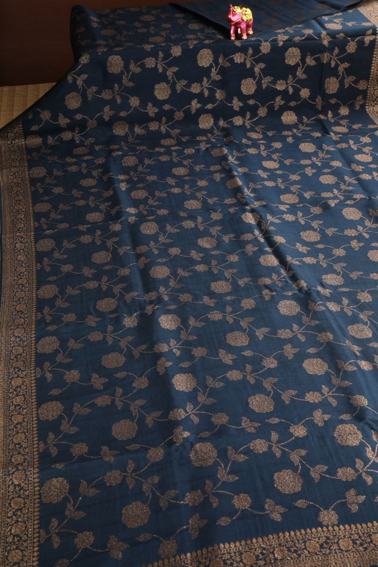 Aegean Blue Banaras Sarees Antic Zari with Floral Patterns view 2
