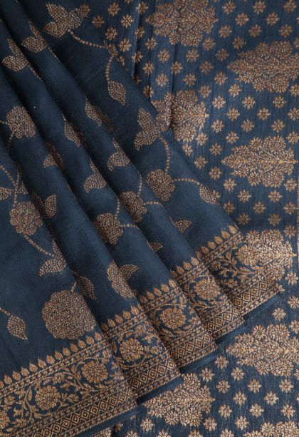 Aegean Blue Banaras Sarees Antic Zari with Floral Patterns