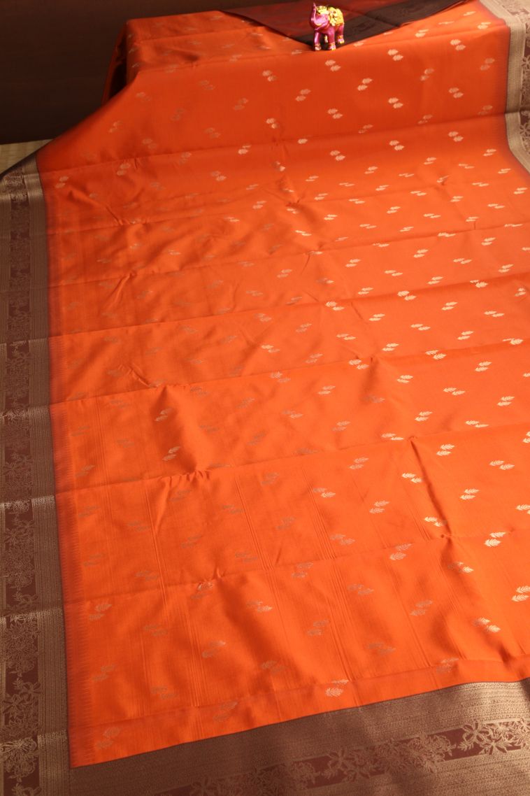 Rust Orange Raw Silk Sarees with Gold Zari Leaf Pattern view 2