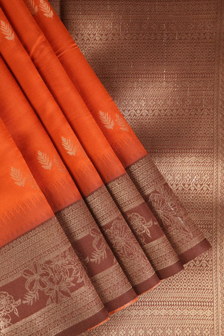 Rust Orange Raw Silk Sarees with Gold Zari Leaf Pattern