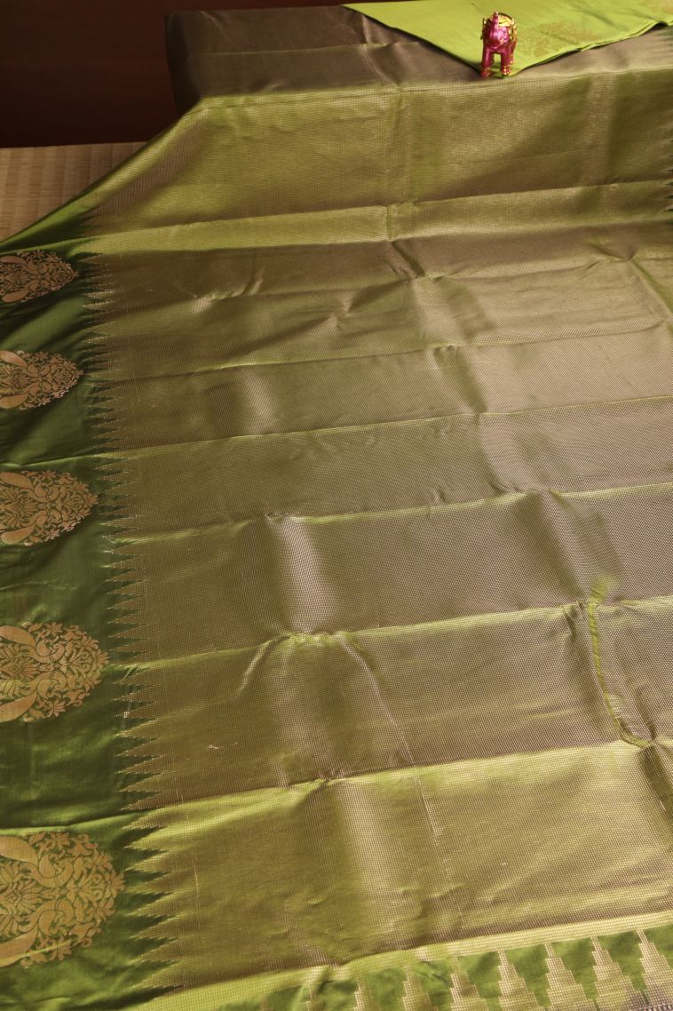 Pickle Green Apoorva Silk Sarees with Gold Zari Straipes And Puttas view 2