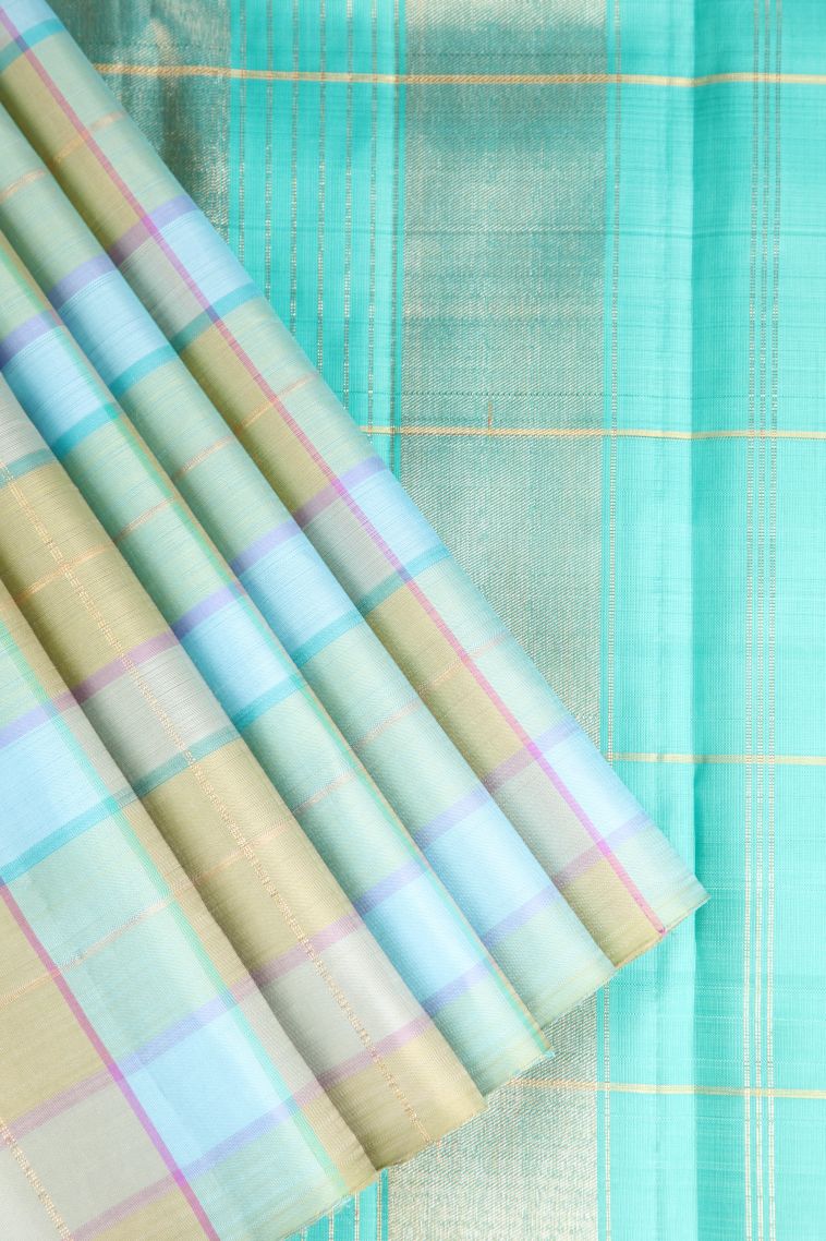 Sky Blue Kanchipuram Silk Sarees Gold Zari with Checks