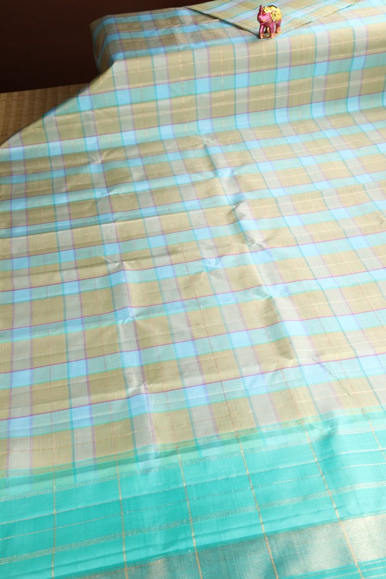Sky Blue Kanchipuram Silk Sarees Gold Zari with Checks view 2