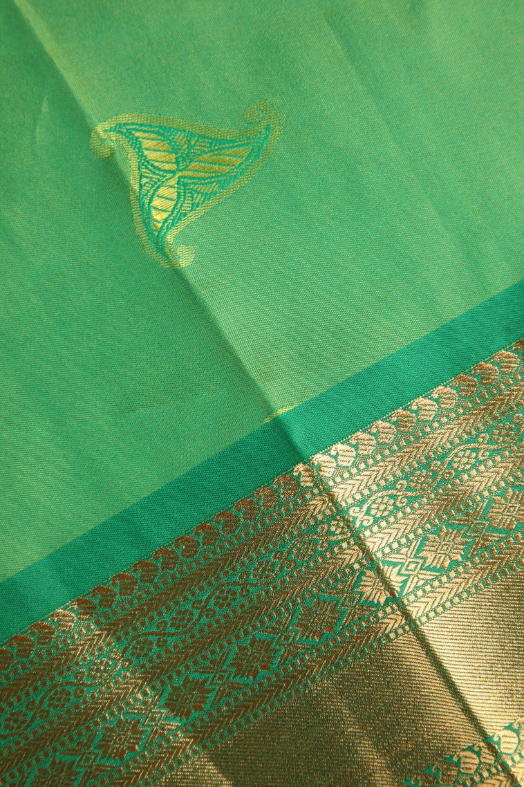 Merigold Orange Visiri Madippu Silk Sarees Gold Zari with Leaf Pattern view 3