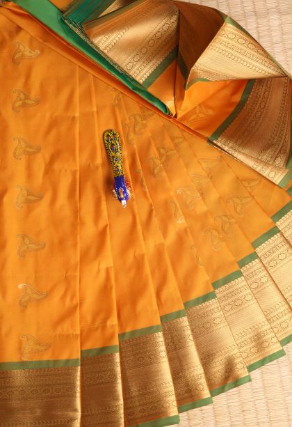 Merigold Orange Visiri Madippu Silk Sarees Gold Zari with Leaf Pattern