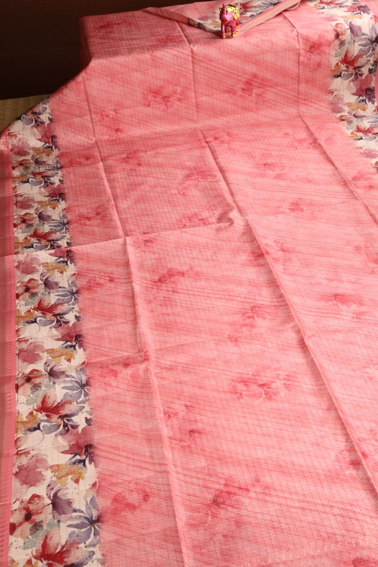 Peach Pink Semi Tussar Silk Gold Zari with Floral Patterns view 2