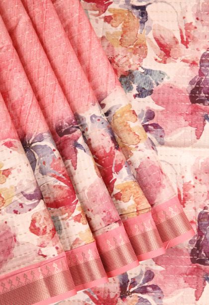 Peach Pink Semi Tussar Silk Gold Zari with Floral Patterns