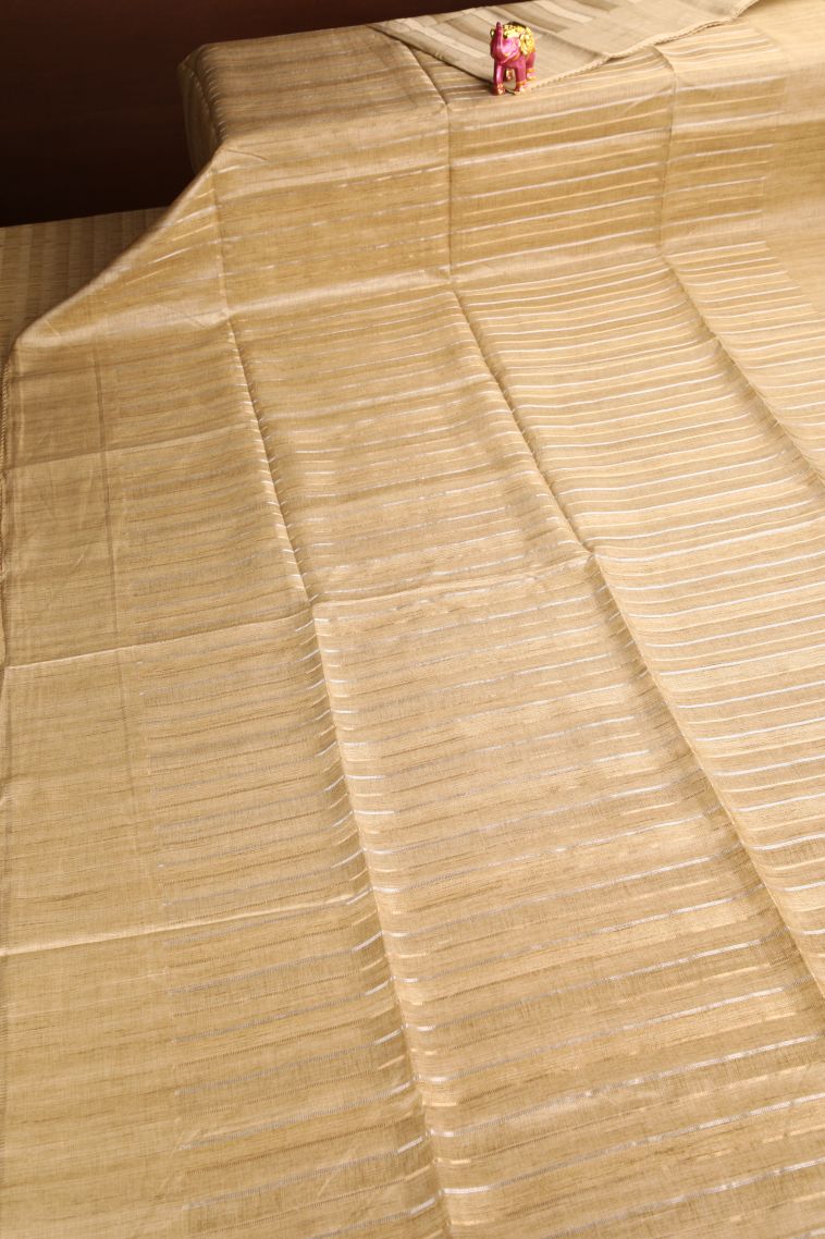 Oat Yellow Semi Tussar Silk Gold And Silver Zari with Zari Stripes view 2