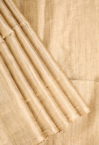 Oat Yellow Semi Tussar Silk Gold And Silver Zari with Zari Stripes