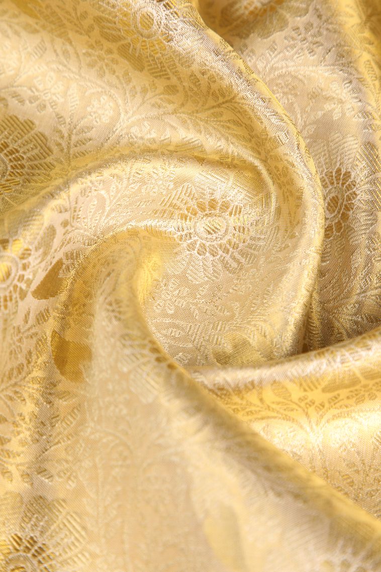 Cookie Yellow Kanchipuram Silk Sarees with Gold Zari Floral Patterns view 4
