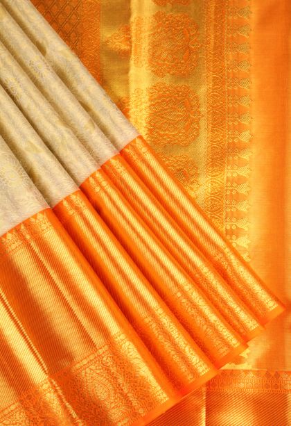 Cookie Yellow Kanchipuram Silk Sarees with Gold Zari Floral Patterns
