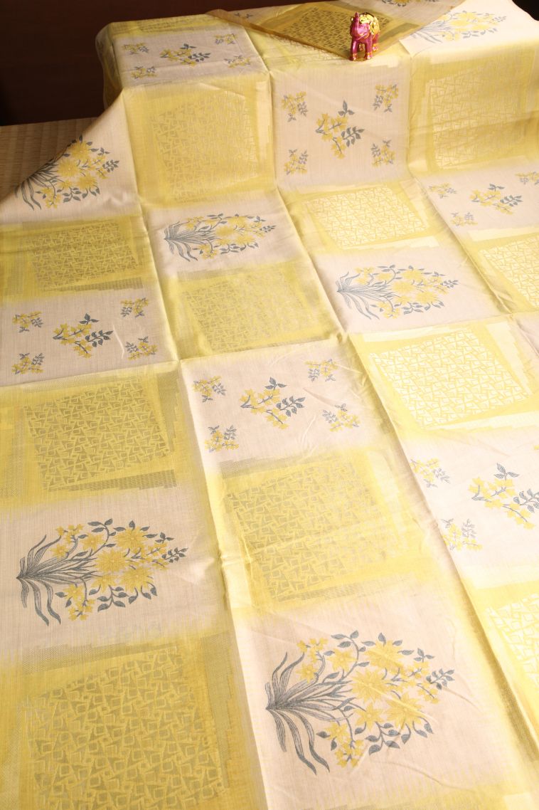 Lemon Yellow Semi Tussar Silk with Gold Zari Floral Patterns view 2