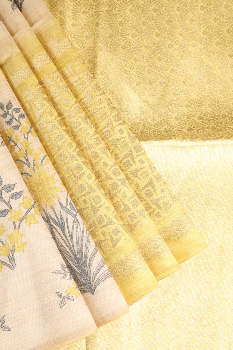 Lemon Yellow Semi Tussar Silk with Gold Zari Floral Patterns view 1