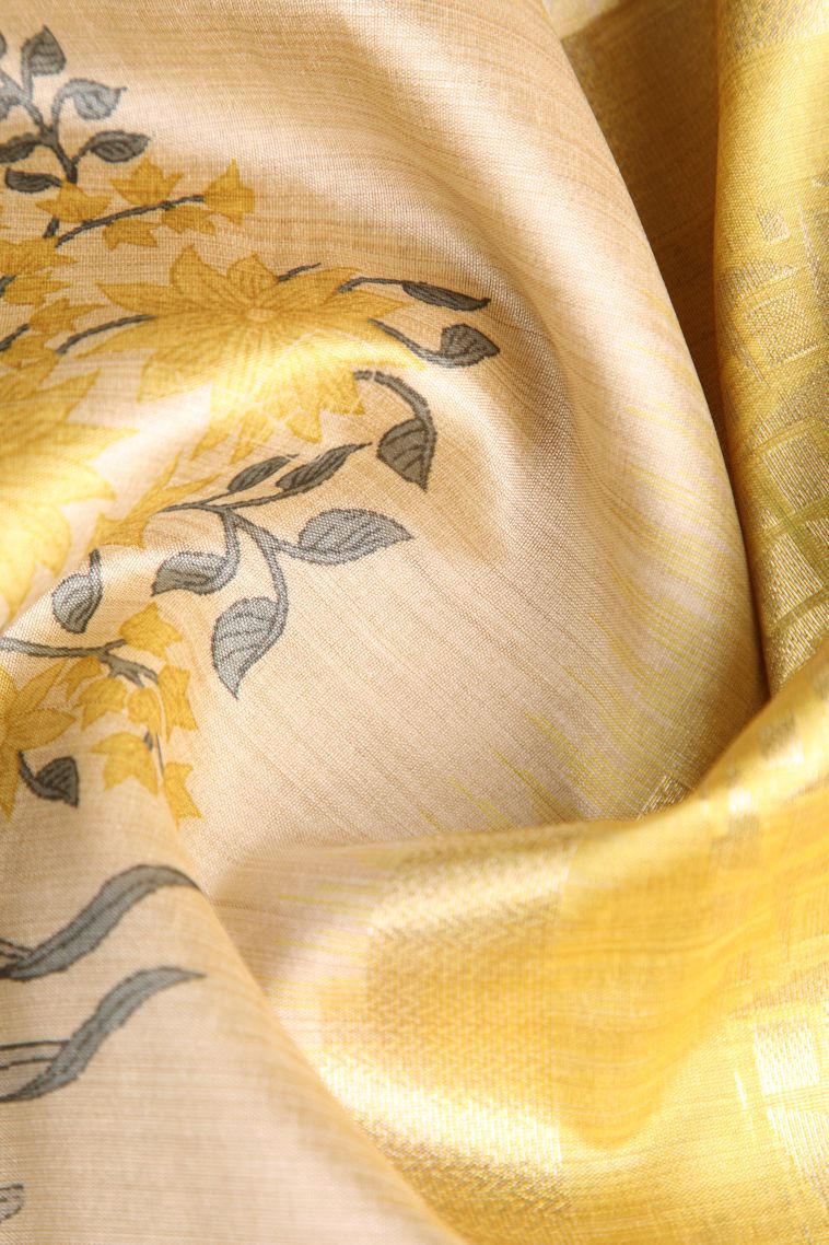 Lemon Yellow Semi Tussar Silk with Gold Zari Floral Patterns view 4
