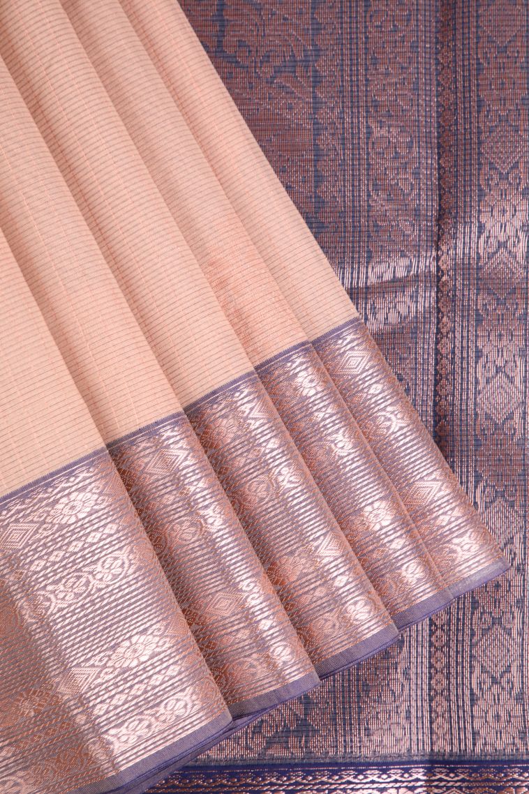 Salmon Pink Silk Cotton Sarees with Copper Zari Floral Patterns view 1