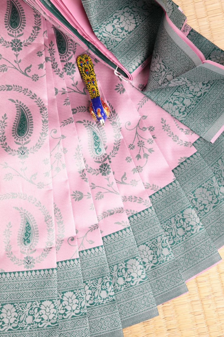Ballet Pink Visiri Madippu Silk Sarees with Silver Zari Leaf Pattern view 1