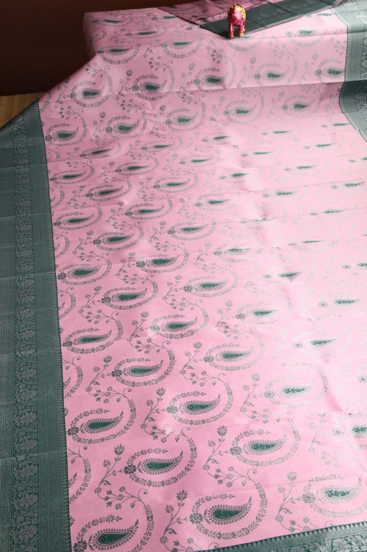 Ballet Pink Visiri Madippu Silk Sarees with Silver Zari Leaf Pattern view 2