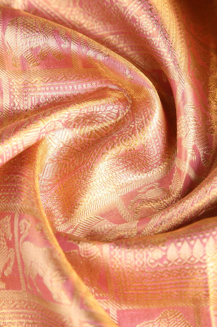 Lemonade Pink Kanchipuram Silk Sarees with Gold Zari Animal  Mottif view 4