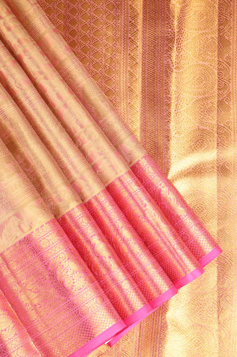 Lemonade Pink Kanchipuram Silk Sarees with Gold Zari Animal  Mottif view 1