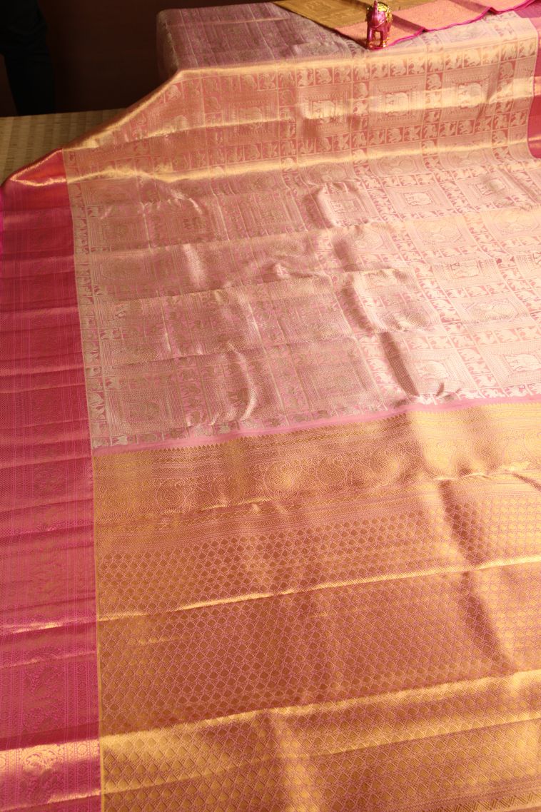Lemonade Pink Kanchipuram Silk Sarees with Gold Zari Animal  Mottif view 2