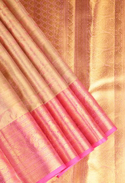 Lemonade Pink Kanchipuram Silk Sarees with Gold Zari Animal  Mottif