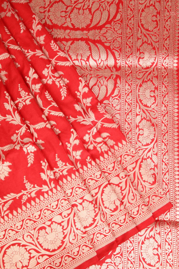 Rose Red Banaras Silk Saree Gold Zari with Floral Patterns
