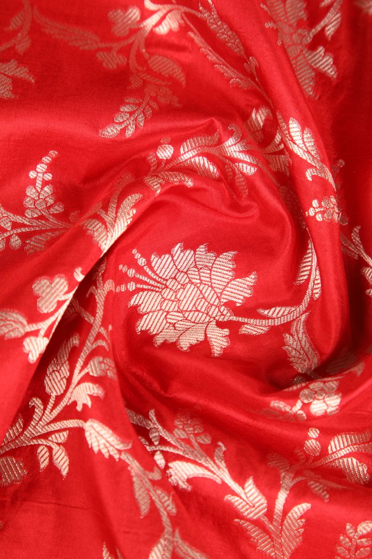 Rose Red Banaras Silk Saree Gold Zari with Floral Patterns view 4
