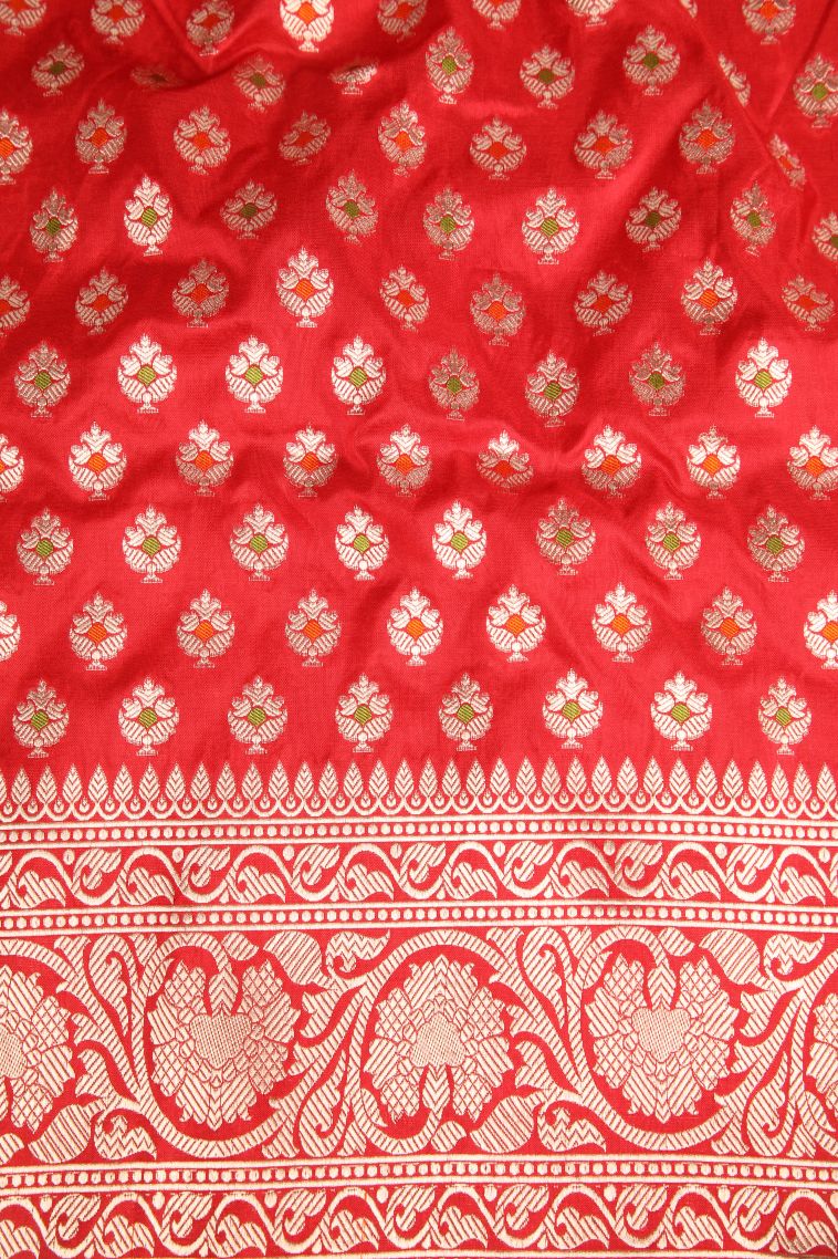Rose Red Banaras Silk Saree Gold Zari with Floral Patterns view 3