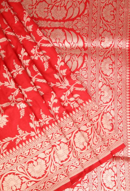 Rose Red Banaras Silk Saree Gold Zari with Floral Patterns