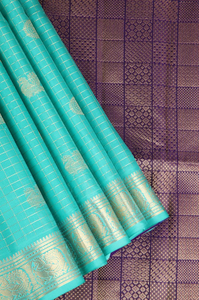 Teal Blue Soft Silk Saree with Gold Zari Peacock Motifs view 1