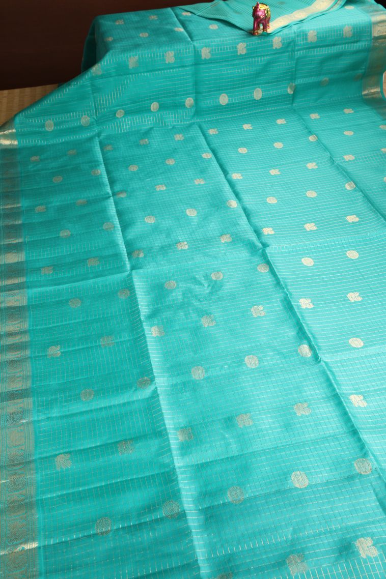 Teal Blue Soft Silk Saree with Gold Zari Peacock Motifs view 2