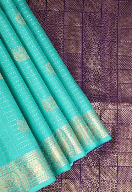 Teal Blue Soft Silk Saree with Gold Zari Peacock Motifs