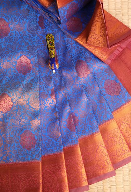 Cobalt Blue Visiri Madippu Silk Sarees with Copper Zari Floral Patterns