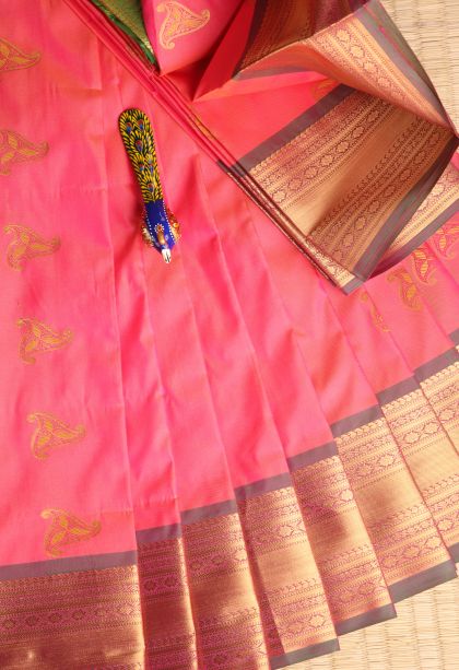 Rouge Pink Visiri Madippu Silk Sarees Gold Zari with Leaf Pattern
