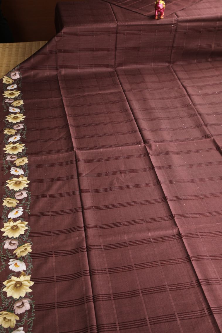 Cinnamon Brown Linen Saree with Without Zari Zari Stripes view 2