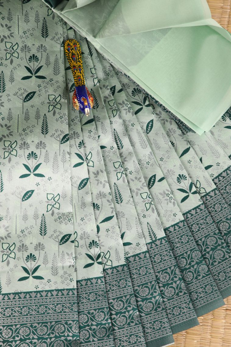 Pistachio Green Visiri Madippu Silk Sarees with Silver Zari Leaf Pattern view 1