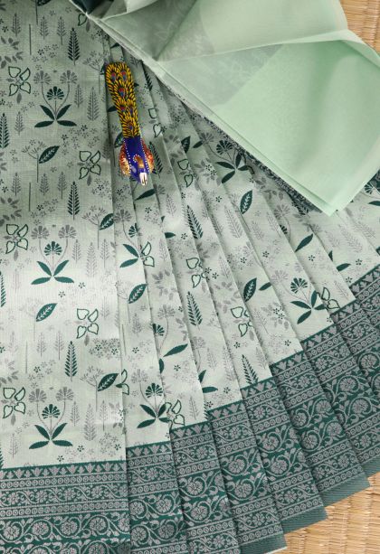 Pistachio Green Visiri Madippu Silk Sarees with Silver Zari Leaf Pattern